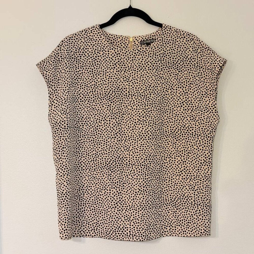Express Womens Polka Dot Zip Black Blouse Size S Cream Sleeve Top